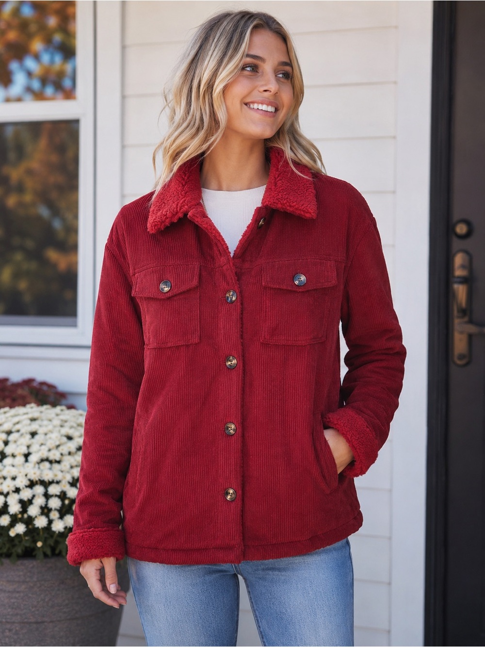DOKOTOO Women’s Sherpa Lined Corduroy Jacket Red Button Front Coat Size L NWT